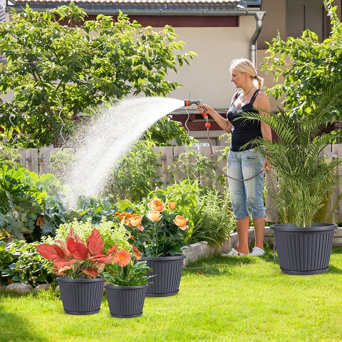 14-inch-Large-Planters-for-Outdoor-Plant，Plastic Indoor Flower Pots with Drainage Holes & Saucer，4 Packs Decorative Garden Pots for Plantfor Home Porch Decor