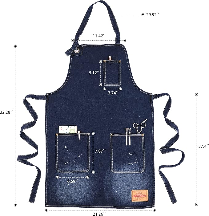 Denim Chef Apron for Women with Pockets, Jean Waitress Server Kitchen Apron for Men Cooking Gardening Painting