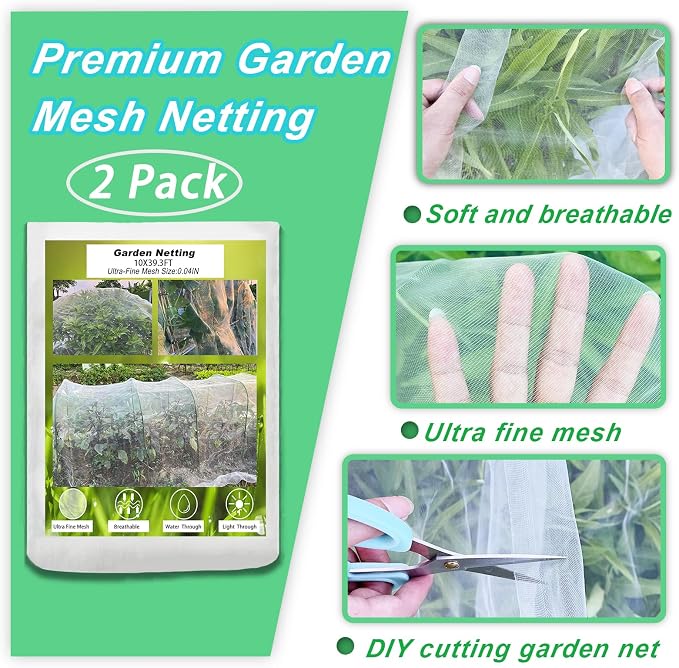 Garden Netting, 2 Pack 10X39.3FT Ultra Fine Insect Netting for Vegetable Flowers Fruits, Garden Mesh Plant Cover Row Cover Barrier Protection Net for Birds, Garden Netting for Raised Beds