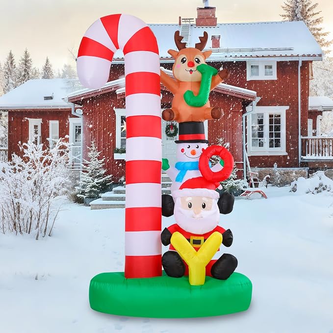 MUMTOP Christmas Inflatable Outdoor Decoration, 7.8 FT Candy Cane Christmas Inflatables with Joy Sign, Elk, Snowman and Santa Blow Up Lighted Holiday Displays for Garden Yard Outside Winter Decor
