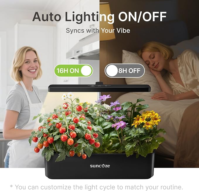 SUNCOZE Hydroponics Growing System, Compact 12 Pods Indoor Garden, Black | 24W LED Dimmable Grow Light, 4L Water Tank with Quiet Pump, Adjustable Height Herb Garden Planter Indoor Kit, Gardening Gifts