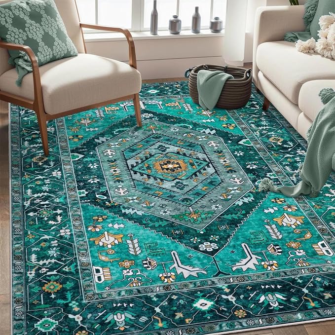 SERISSA 4x6 Washable Non Slip Boho Area Rug for Bedroom，Teal | Ultra Soft Vintage Oriental Carpet Low-Pile Distressed Tribal Throw Carpet for Entry Living Room Nursery Kitchen Dorm Decor