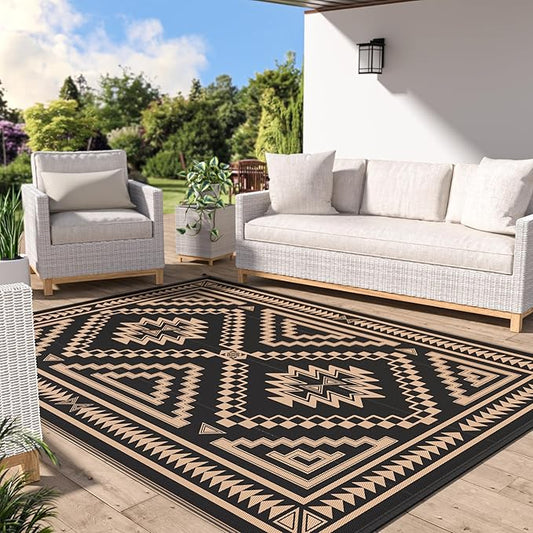 GENIMO Outdoor Rug for Patio Clearance - 6x9 ft Waterproof Plastic Camping Rugs, Reversible Outside Rv Mat Carpet for Porch, Deck, Picnic, Balcony, Beach, Backyard, Black Brown