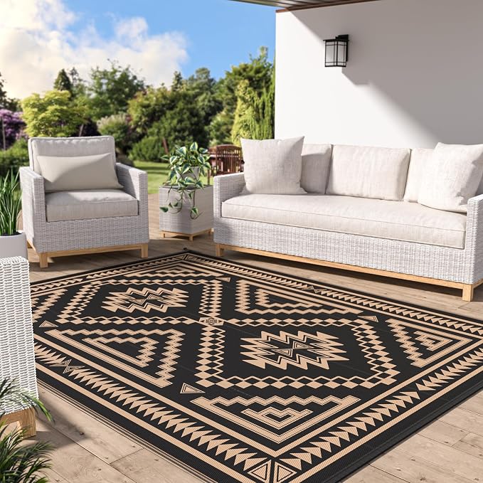 GENIMO Outdoor Rug for Patio Clearance - 5x8 ft Waterproof Plastic Camping Rugs, Reversible Outside Rv Mat Carpet for Porch, Deck, Picnic, Balcony, Beach, Backyard, Black Brown
