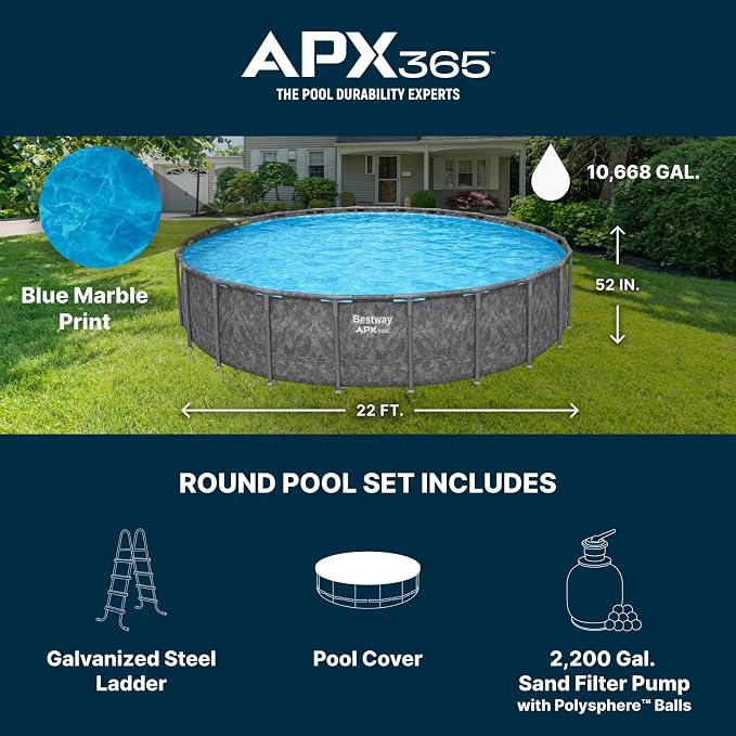 Bestway APX 365 22' x 52" Above Ground Pool Set with Sand Filter Pump | Long-Lasting All-Season Swimming Pool with Galvanized Steel Frame - Ladder, Cover, and Polysphere Filtration Balls Included