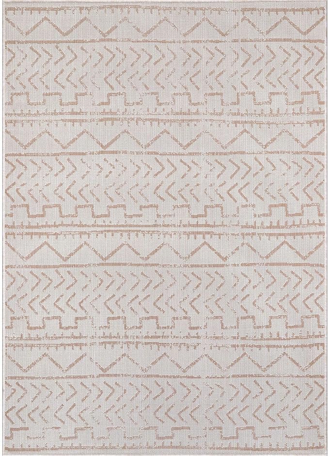 Beverly Rug Waikiki Indoor Outdoor Rug 5x7, Washable Outside Carpet for Patio, Deck, Porch, Trellis Area Rug, Water Resistant, Beige - White