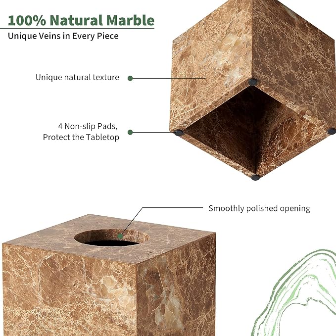 Real Natural Marble Tissue Box Cover, 5.5 Inch Square Marble Tissue Box Holder with Open Bottom, Heavy Stone Decorative Organizer for Bathroom Vanity, Kitchen Countertop, Luxury Home Décor