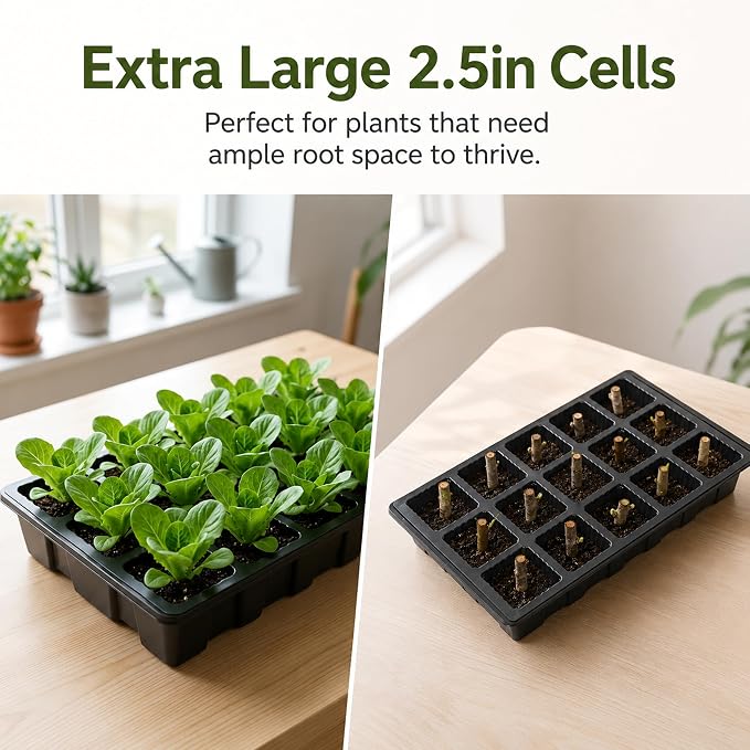 Gardzen 5-Pack Seed Starter Kits, Reusable Plant Germination Trays with Total 75-Cell, Seed Starter Tray with Humidity Vented Domes and Bases for Starting Vegetable Flower Herb Seeds 15" x 9", Black