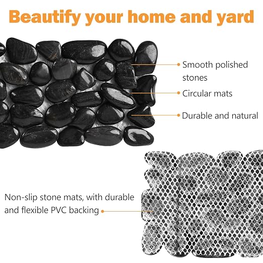 River Rock Stepping Stones Outdoor for Garden Walkway, 6 Pcs 12" L x 4" W Rectangle Shape Paver Step Stones Polished Pebble River Stone Mat for Yard Lawn Patio Pathway Walk Way - Black