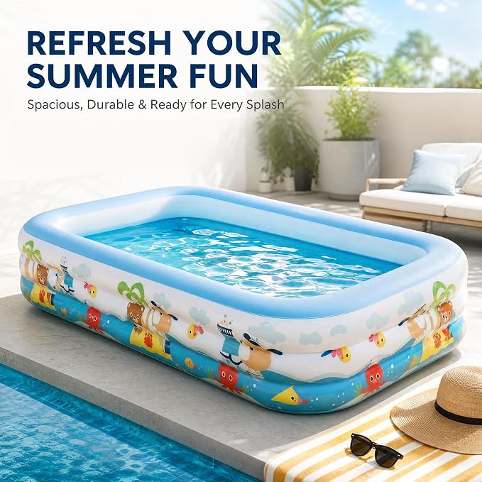 Heavy Duty 3-Ring Inflatable Family Pool 103x69x21 Inches Blow Up Swimming Pool for Backyard Garden Summer Water Party