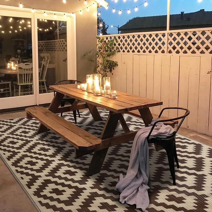 SAND MINE Reversible Mats, Plastic Straw Rug, Modern Area Rug, Large Floor Mat and Rug for Outdoors, RV, Patio, Backyard, Deck, Picnic, Beach, Trailer, Camping (5' x 8', Brown & Beige)