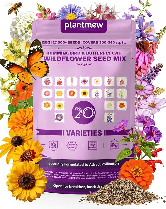 Wildflower Seeds Mix Hummingbird & Butterfly Cafe, 20 Heirloom Varieties, Specially Formulated to Attract Pollinators – High Germination for Outdoor Garden (4oz)