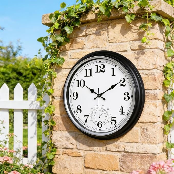 16 Inch Large Outdoor Clock Retro Waterproof Clock Non-Ticking Indoor/Outdoor Wall Clock with Thermometer, Battery Operated for Pool, Patio, Garden, Black