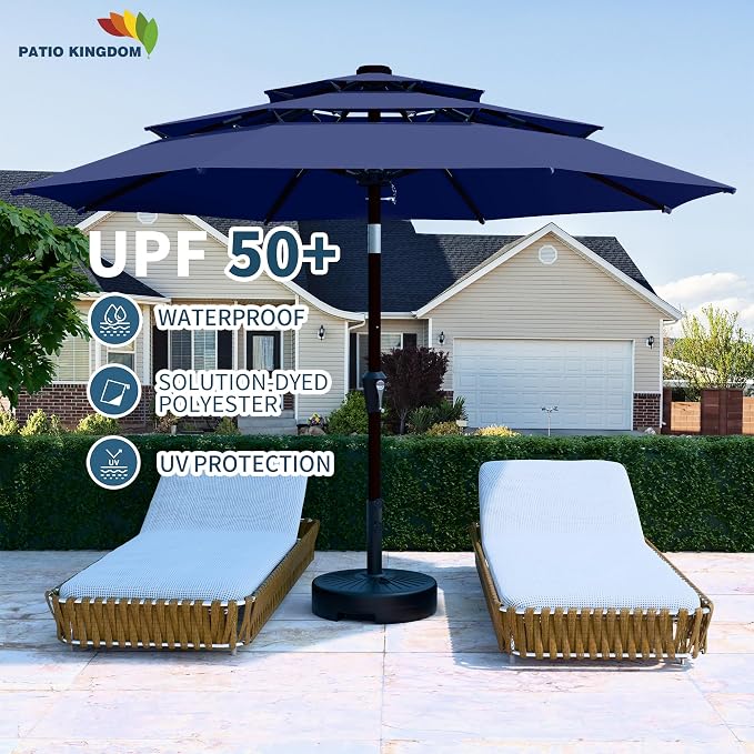 PatioKingdom 9ft 3-Tier Patio Market Umbrella with Crank/Tilt, Commercial Heavy Duty Wind Proof,Outdoor Table Umbrella with 8 Fiberglass Ribs,UPF50+ for Deck,Pool,Garden,Backyard (Navy)