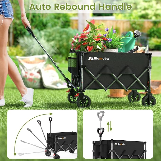 Blomoba Collapsible Wagon Cart, 220lbs Utility Grocery Shopping Cart, 150L Foldable Beach Wagon with Wider Wheels & Auto-Rebound Handle