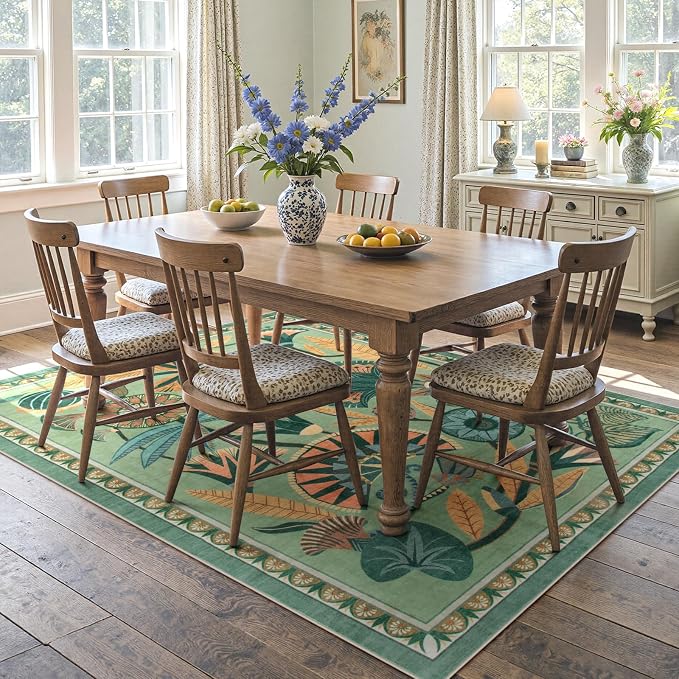 Zealude 5x7 Floral Rug, Green Rug for Living Room, Washable Low Pile Bedroom Rugs, Non Slip Throw Rugs with Rubber Backing, Soft Carpet for Dining Room Home Office Playroom