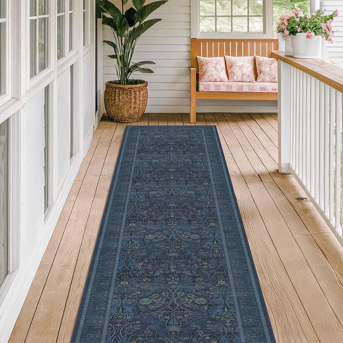 2x10 Extra Long Runner Rugs for Hallways, Non Slip Machine Washable Front Door Runner Indoor Entrance, Nature Floral Design Dark Blue Mats