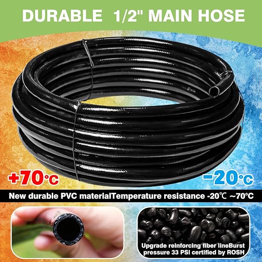 Maotong 40 FT 1/2 inch Drip Irrigation Irrigation kit Main Line Supply Hose Tube for Garden Irrigation System (Includes 1/2"" Straight Connector, 3-Way Connector, Switch Valve), Black