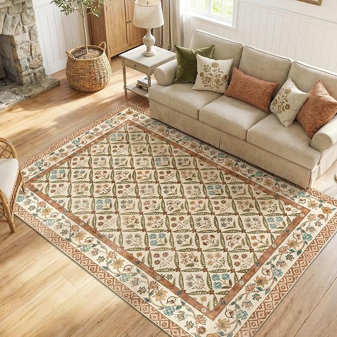 jinchan 6x9 Vintage Floral Washable Large Living Room Area Rug, Terracotta | Soft & Lightweight, Checkered Floral, Low Pile, Non Slip, Bedroom, Dining Room, Girls Room, Home Office, Cottage Decor