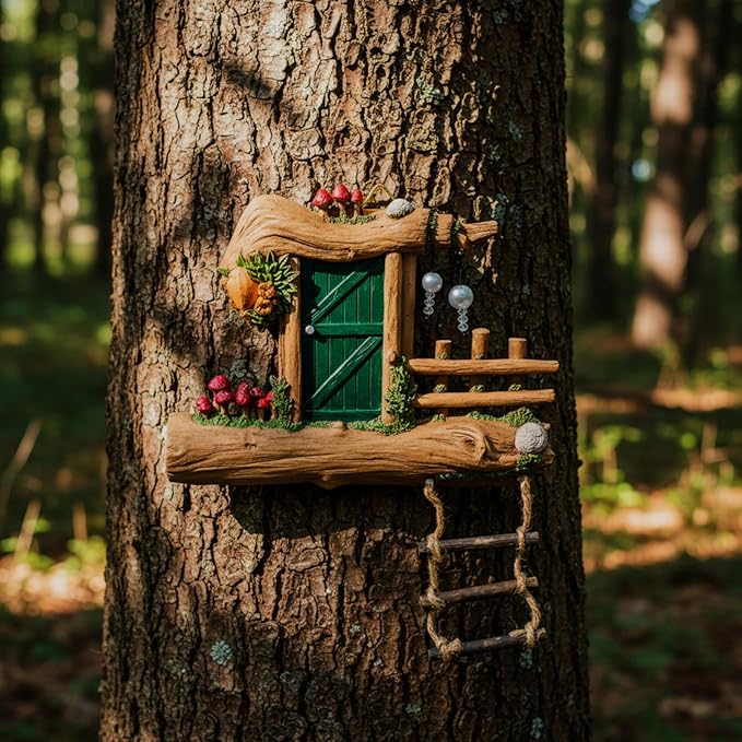 Sliner Fairy Door for Trees Outdoor Resin Fairy Garden Door Accessories with Pearl & Crystal Hanging Accents Miniature Gnome House for Garden Wall Outdoor Decorations Tree Trunk(Dark Green)