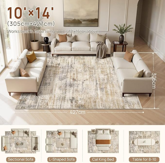 Uermei 10x14 Area Rug for Living Room Washable Abstract Golden Brown Carpet | Low Pile Non-Slip Soft Neutral Modern Kid Pet Friendly Large Rugs For Bedroom Dining Room Nursery Office Indoor Decor
