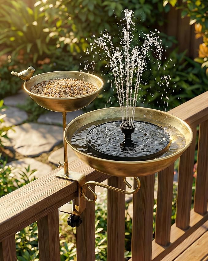 Deck Mounted Dual-Tier Bird Bath with Adjustable Clamp Metal Balcony Bird Bath & Bird Feeder for Railing, Patio, Fence – Easy Clean Outdoor Birdbath for Cardinals, Finches & Sparrows