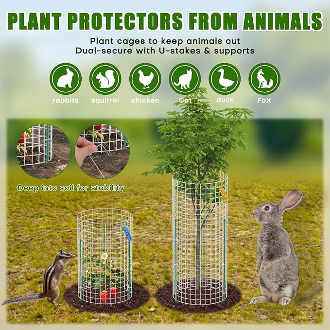10-Set 12” x 24” Plant Protector from Animals, Hot-Dip Galvanized Metal Mesh Plant Cages, Dual-Secure with U-Stakes & Supports, Animal Barrier to Keep Rabbits & Chickens Out of the Graden
