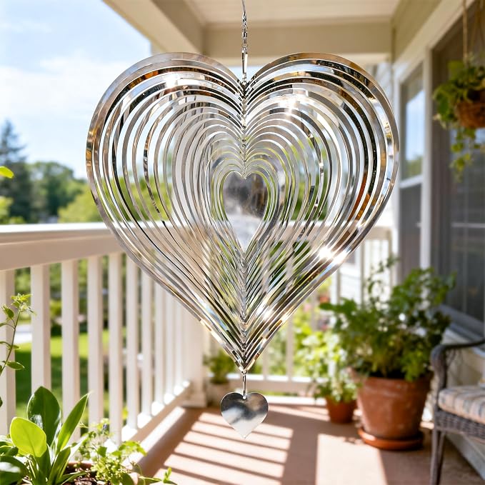 Wind Spinner 12-Inch Outdoor Decoration Gift for Mom | Hanging Yard Art, Garden Decoration for Outdoor and Indoor, Gift for Grandma and Women, 3D Heart, Stainless Steel, 1 Pack
