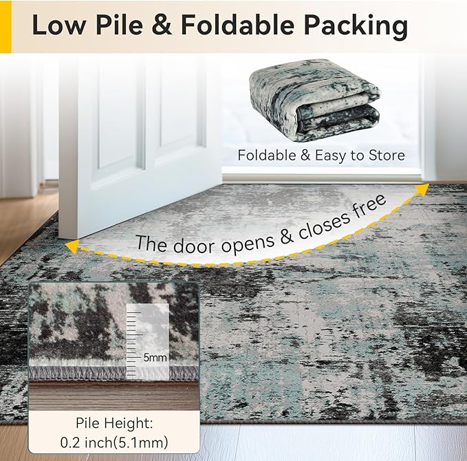RELEANY Washable 5'x7' Abstract Area Rug for Living Room Teal Black | Carpet for Bedroom, Kitchen, Office, Hallway and Entryway, Printed Pattern, Non‑Slip, Soft, Stain‑Resistant, Easy to Clean
