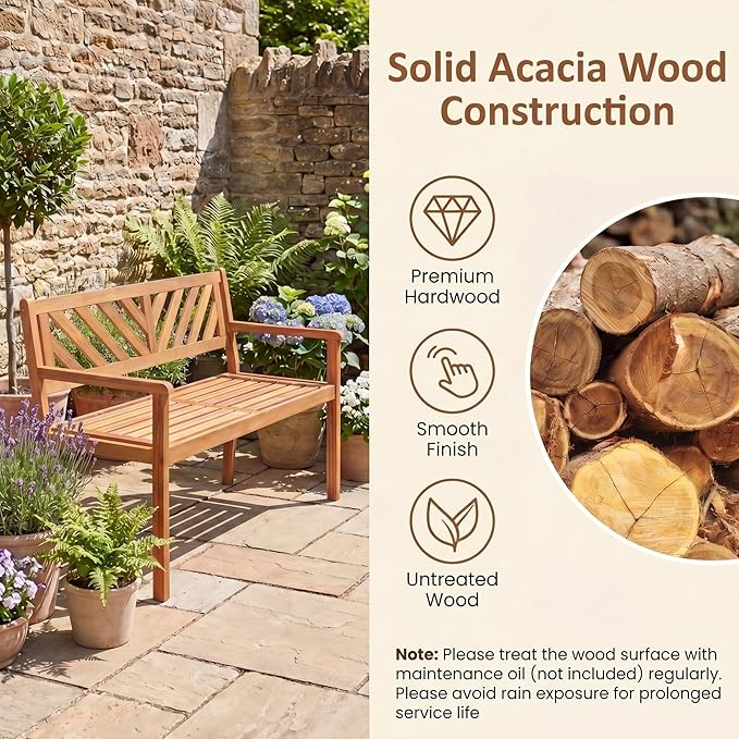 Giantex 2-Person Outdoor Bench, 47" Patio Acacia Wood Loveseat with Slatted Seat, Armrests & V-Shaped Backrest, Wooden Garden Seating for Backyard, Porch, Deck, Poolside