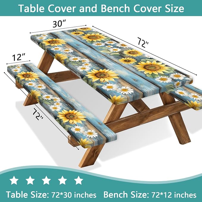 Wooden Floral Picnic Table Cover with Bench Covers Camping Essentials Waterproof Windproof Camping Outdoor Tablecloth with Drawstring Bag, Fitted Rectangle Tables and Seats, 30X60 inch