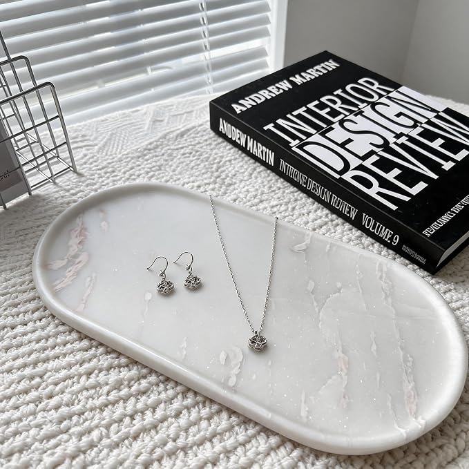 Luxury 100% Natural Oval Marble Tray for Bathroom, Dresser, Home Decor | 11.8" x 5.9" Marble Vanity Organizer for Perfume Jewelry Makeup, Kitchen, Hand-Polished Cream White Decorative Tray