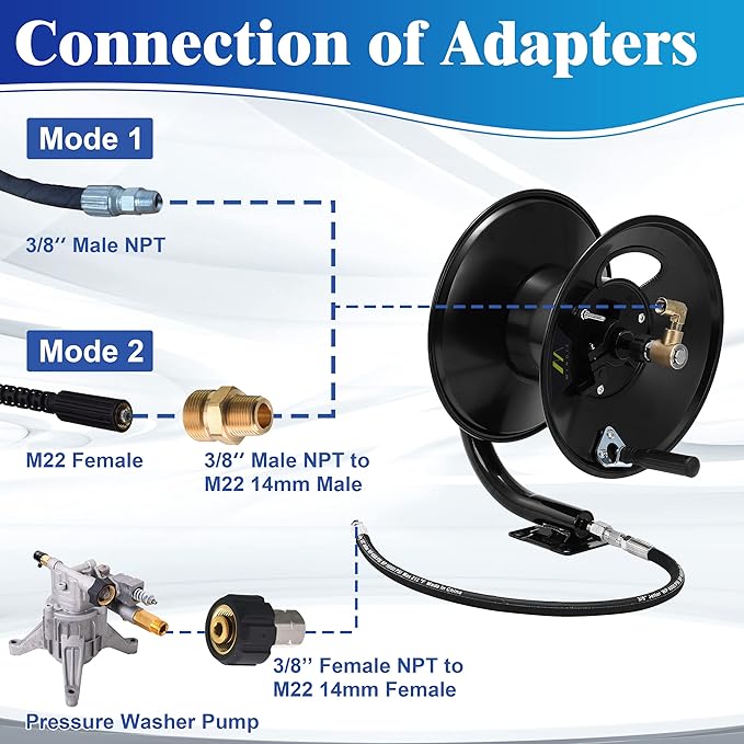 M MINGLE Pressure Washer Hose Reel 100ft x 3/8" / 150ft x 1/4", 4000 PSI | Heavy Duty Steel Hose Reel, Manual Crank Power Washer Hose Reel with Swivel Arm, 3/8" NPT Outlet Pipe