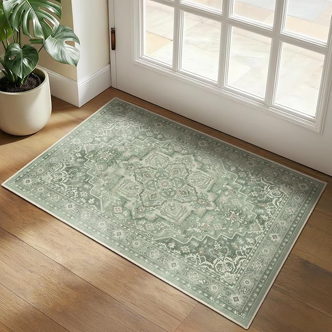 Sage Green 2x3 Washable Kitchen Rugs Non Slip, Cottagecore Cozy Ultra Thin Door Mats Indoor Entrance, Soft Vintage Medallion Entryway Rug, Small Rug for Inside Entry/Foyer/Bathroom/Bedside