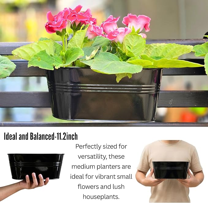 LaLaGreen Outdoor Plants Rail Planter (11.2 Inch, 8 Pack) Black Metal Iron Hanging Flower Pots Deck Railings Fence Buckets Modern Garden Boho Style Wall Mount Window Box Plant Holder Hooks Porch Decor