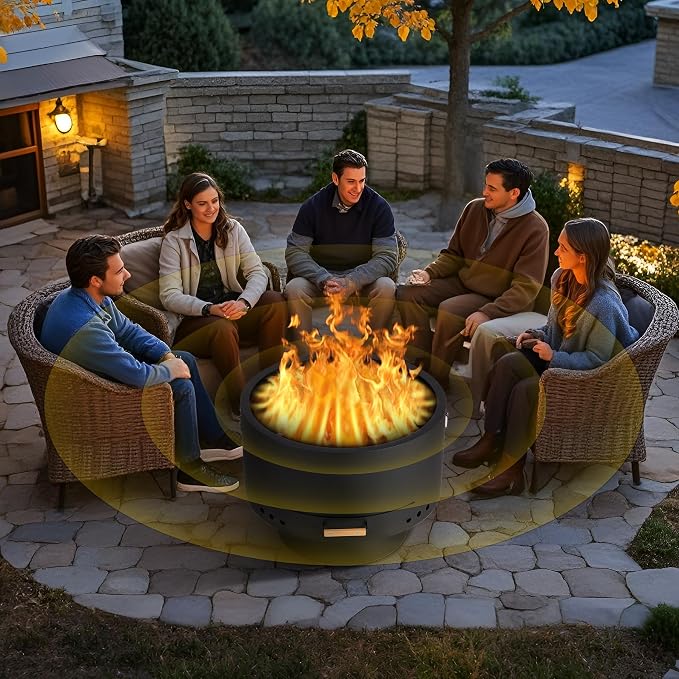 GarveeLife 26 in Smokeless Fire Pit with Removable Ash Pan, Wood Burning Firepit Table with Lid&Fire Poker,Smokeless Outdoor Fireplace with Dust Bag, Outdoor Fire Pits for BBQ, Table, Bonfire, Camping