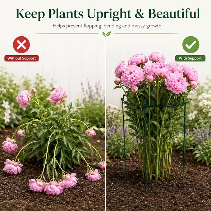 7 Pack Peony Cages and Supports, 13.8" D x 23.6" H Grow Through Plant Supports for Outdoor Plants, 4-Leg Metal Flower Support Rings with Rust-Resistant Coating for Peonies, Roses, Hydrangeas, Tomatoes