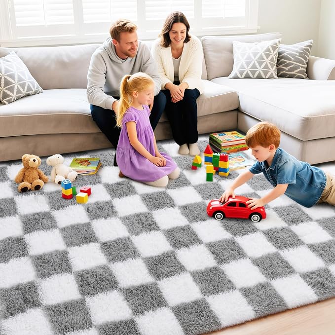 Checkered Rugs for Bedroom, 4x6 White and Grey Ultra Fluffy Fuzzy Shag Area Rug for Living Room, Modern Plush Soft Upgrade Non-Slip Carpet for Kids Girls and Boys Room Dorm Nursery Home Decor