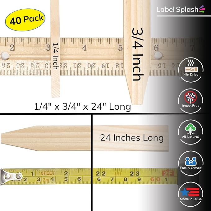 40 Pack Wooden Garden Stakes, 24" Long x 3/4" Wide, Made in USA Pine Plant Markers, Chisel Point Yard Stakes for Gardening, Landscaping, Survey Marking, Signs & Crafts