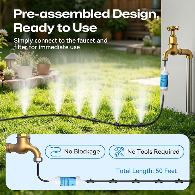 Misters for Outside Patio 50FT/15M, Outdoor Water Misting Cooling System with 15 Brass Nozzles. Backyard Mist Kit for Garden Greenhouse Fan Umbrella Chicken Coop, Dog House