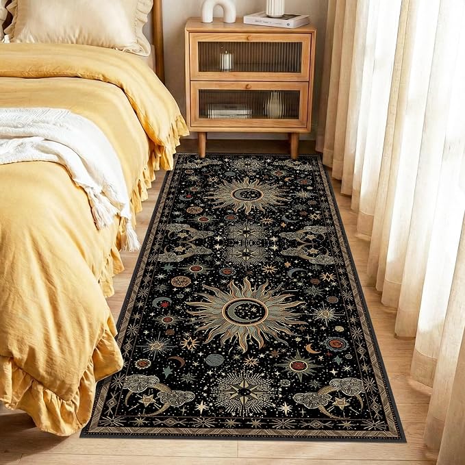 Vacuum-Friendly, 2x6 Washable Area Rug, Black Green Beige | Sun and Moon Boho Gothic Non-Slip Low Pile Living Roon Bedroom Dining Room Kitchen Entry Entryway Entrance Hallway Doormat