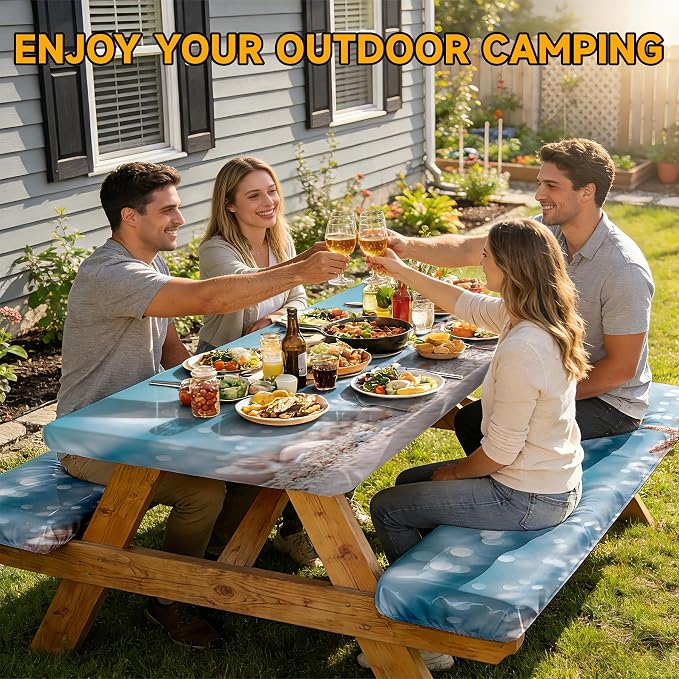 NYZE 3 Pieces Picnic Table Cover with Bench Covers Set, Camping Tablecloth, Tablecloth Cover with Drawstring Bag, Camping Essentials for Outdoor Picnics, Patio, BBQ (Starfish Beach)