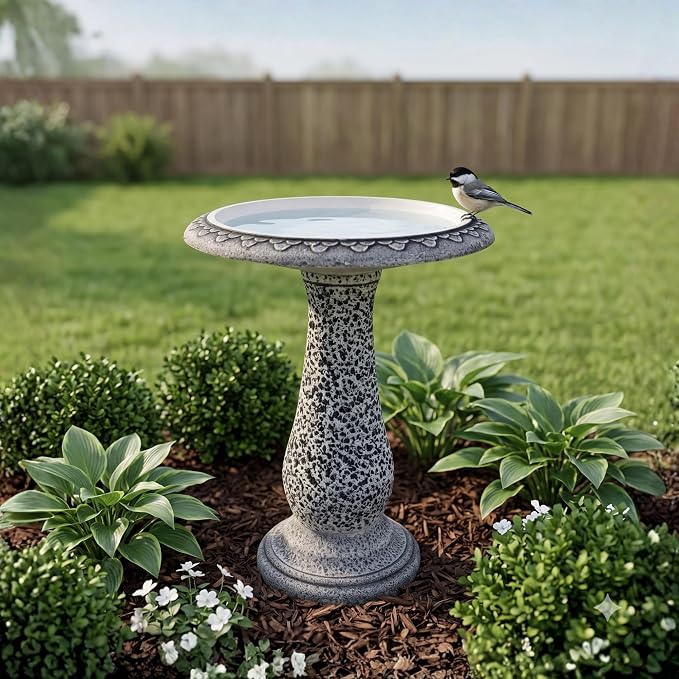 Bird Bath for Outside 23 Inch Speckled White - Stone-Resin Composite Pedestal Birdbath Bowl - Decorative Standing Outdoor Garden Decor for Front Porch Patio Yard Backyard Lawn Ornament