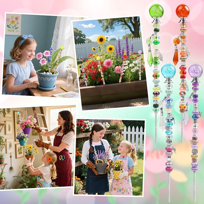 280 Pcs DIY Beaded Garden Stakes Kit with Bubble Stoppers | Garden stakes kit with beads colorful crystal stoppers, DIY fairy wands, garden decor, outdoor crafts