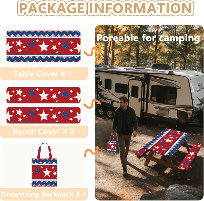 Picnic Table Cover with Bench Covers Elastic Edges, Outdoor Patio Camping Essentials 72 Inch 3PCS, Waterproof Camping Fitted Tablecloth with Handbags (Red White Blue Star Stripe)