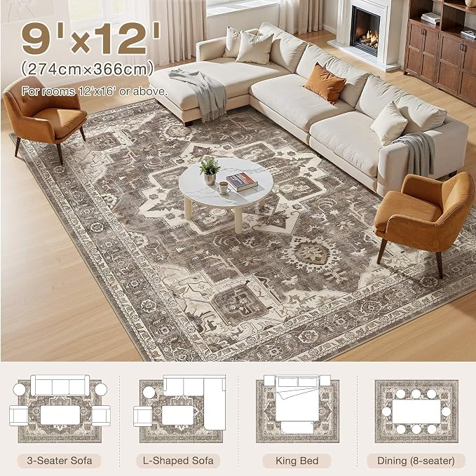 Vintage Washable 9x12 Area Rug for Living Room, Brown | Soft Low Pile Rug with Non-Slip Backing, Stain Resistant for Bedroom or Dining Room, Kid & Pet Friendly