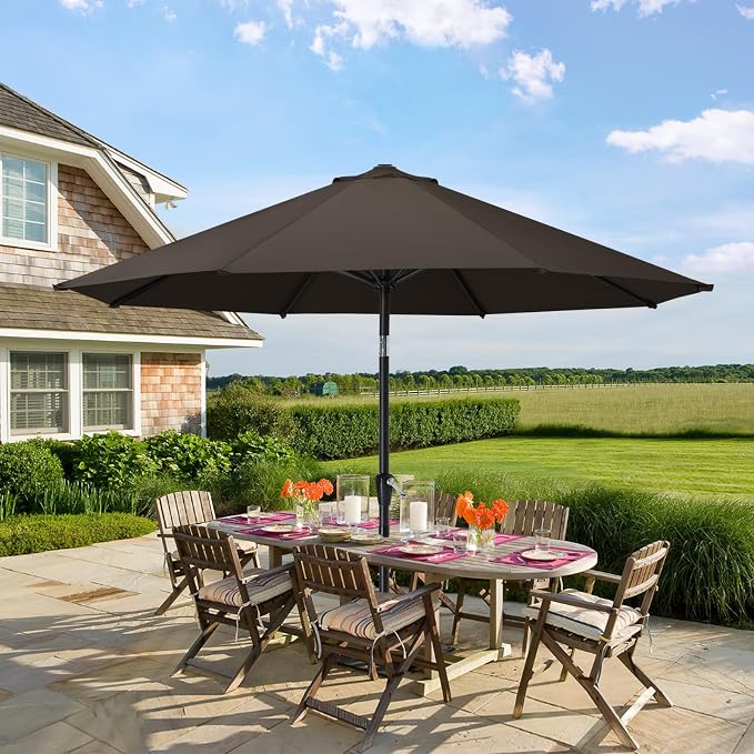 MASTERCANOPY 9FT Patio Umbrella with Push Button Tilt and Crank, Outdoor Market Umbrella with 8 Sturdy Ribs, UV Protection & Waterproof for Garden, Deck, Backyard, Pool (Brown)
