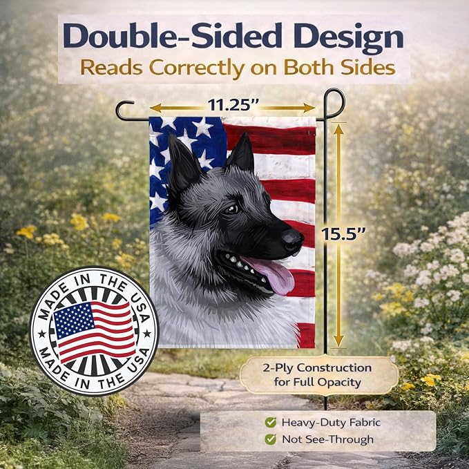 Caroline's Treasures CK6631GF Norwegian Elkhound Dog American Flag Garden Flag Mailbox Flag Decorative Yard Flag Banner Outside Patio Artwork Yard Flower Beds, Garden Size, Multicolor