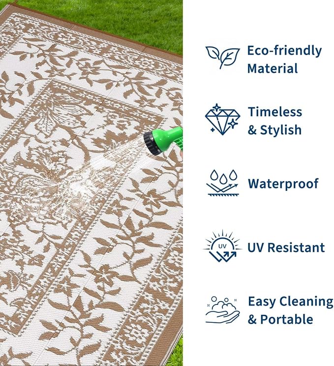 Garvee Outdoor Rug 5x8, Waterproof Reversible Foldable Plastic Straw Rug, Botanical cottagecore Outdoor Rugs Patio Camping RV Carpet for Deck Camper Porch Balcony Backyard Picnic Beach Coffee