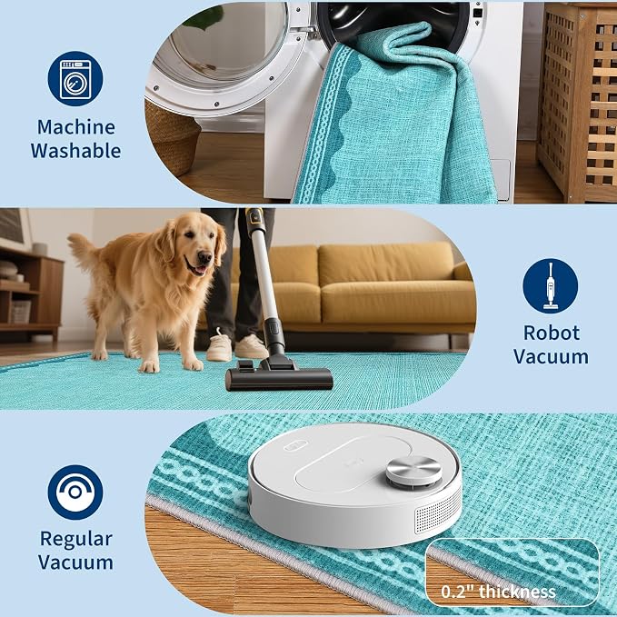 GarveeHome Scalloped Teal 2.5x8 Runner Rug for Hallway Washable Kitchen Rugs Non Slip Solid Modern Soft Low-Pile Indoor Carpet for Entryway Laundry Room Floor Mats TPE Backing